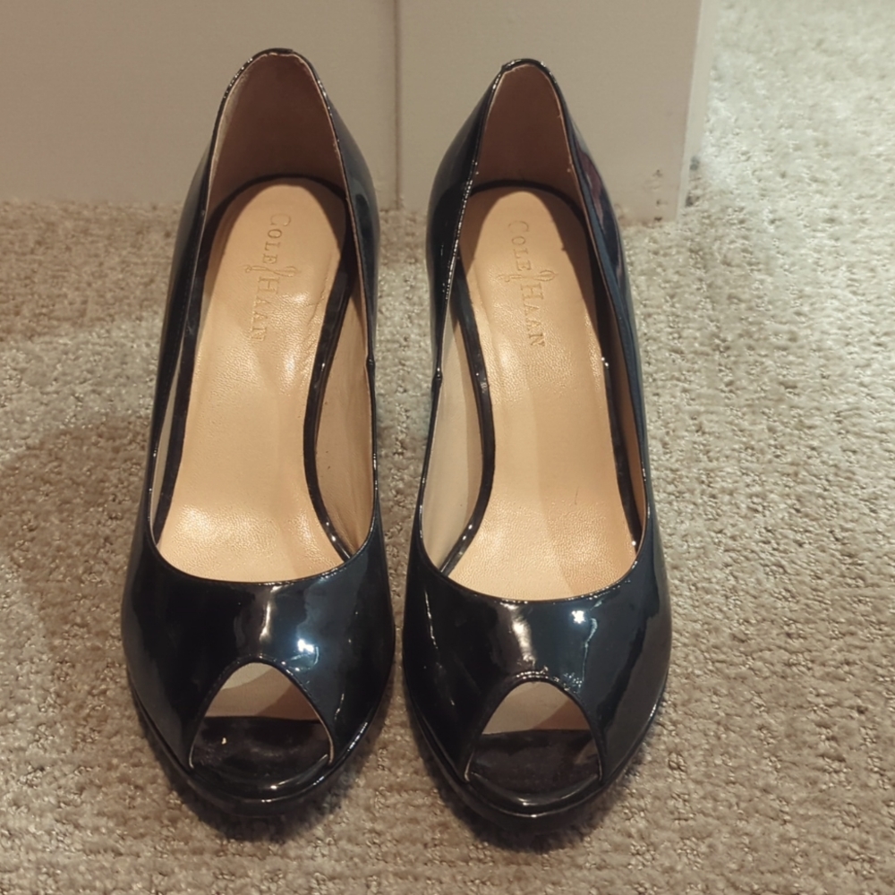 Cole Haan Shoes Carma OT Air Pump Black Patent Peep Toe Heels